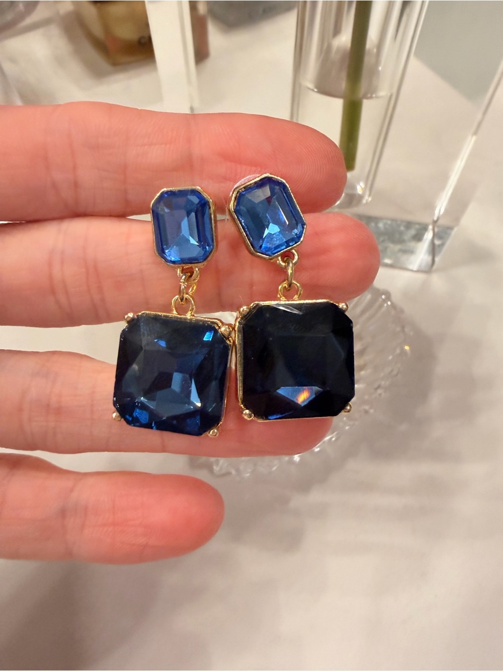 Gold-Setting Blue Crystal Drop Earrings